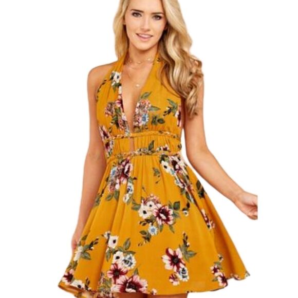 Illa Illa Floral Halter Dress. Yellow S#012 - Picture 1 of 14